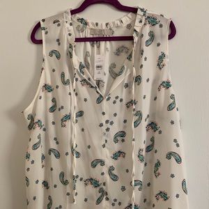 LOFT Paisley Ruffle Tie Neck Mixed Media Shell